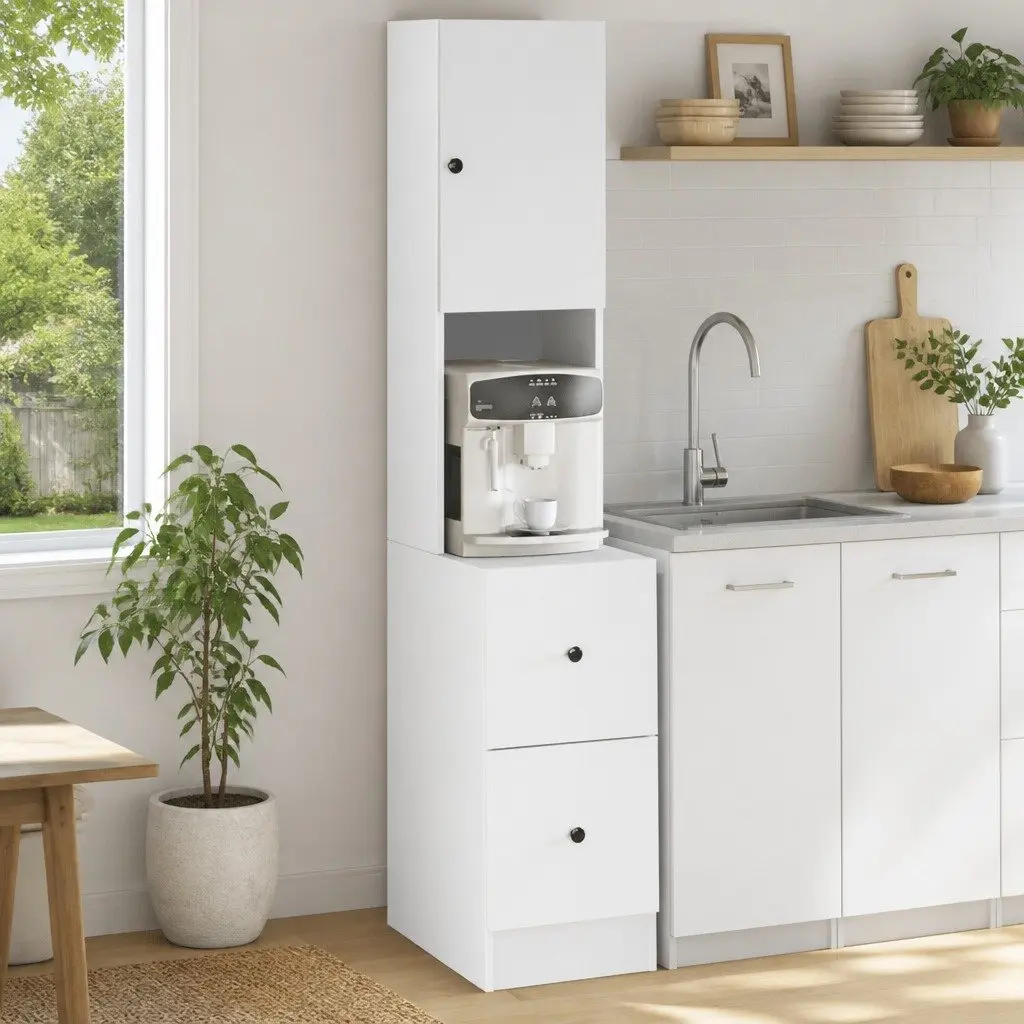 White Engineered Kitchen Cabinet with Doors and Drawers