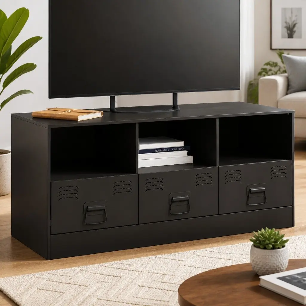 Black Media Console TV Cabinet Storage Unit 99x39x44cm Cold Rolled Steel with Handles