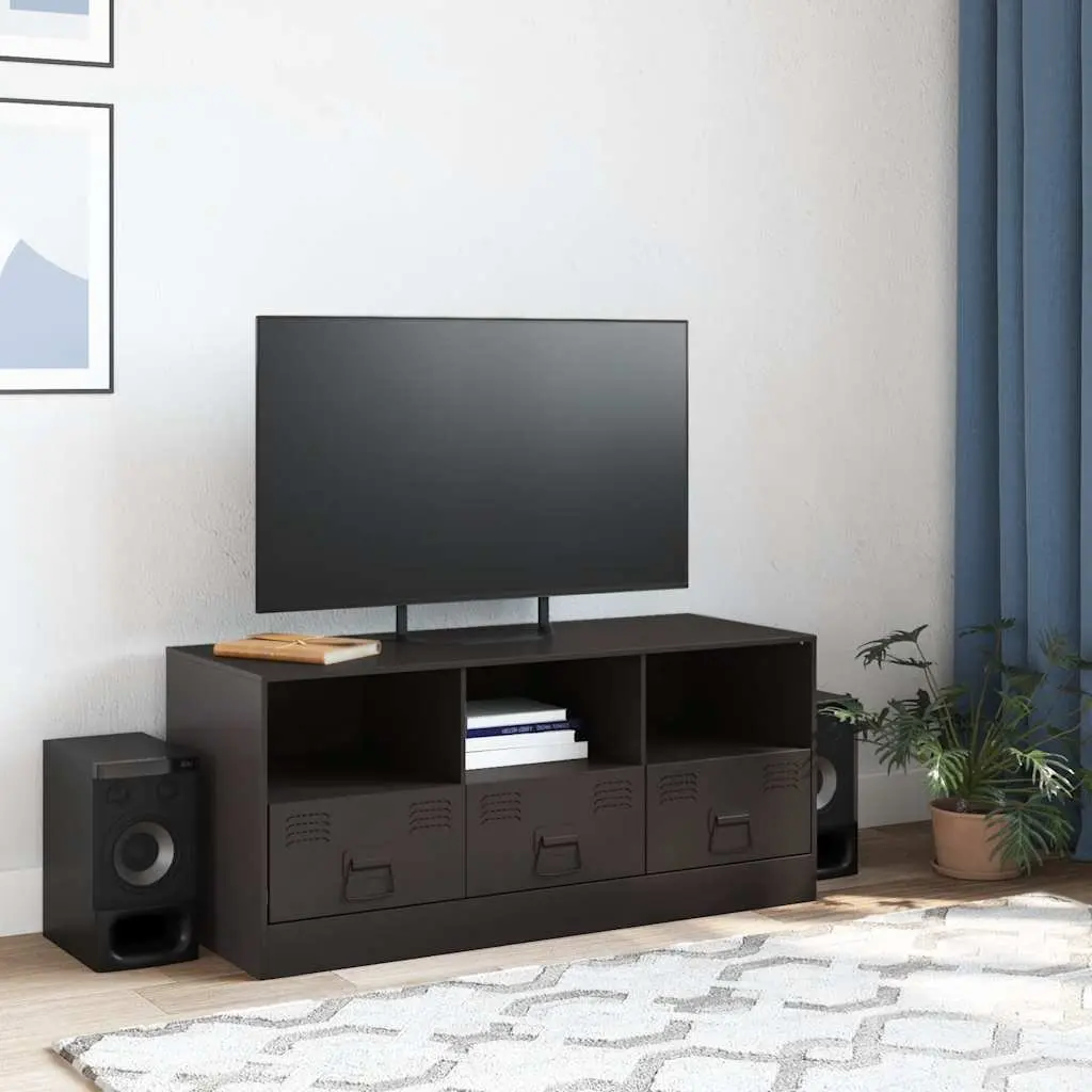 Black Media Console TV Cabinet Storage Unit 99x39x44cm Cold Rolled Steel with Handles