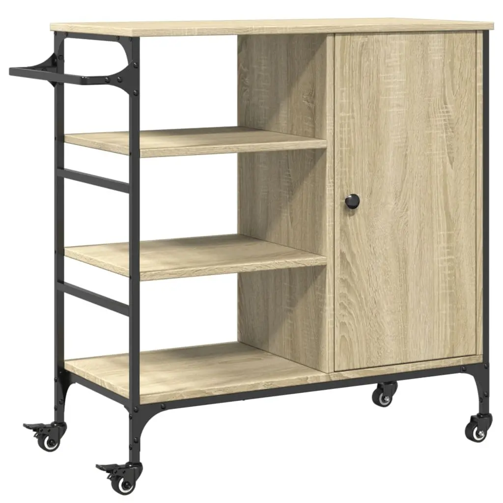 Kitchen Trolley Brown Storage Organiser Cart with Wheels Steel Frame Engineered Wood Shelves