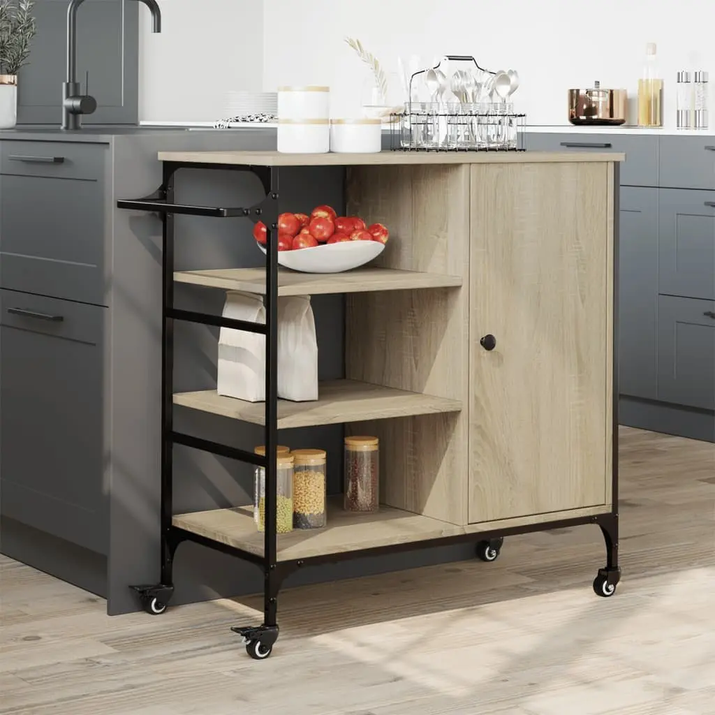 Kitchen Trolley Brown Storage Organiser Cart with Wheels Steel Frame Engineered Wood Shelves