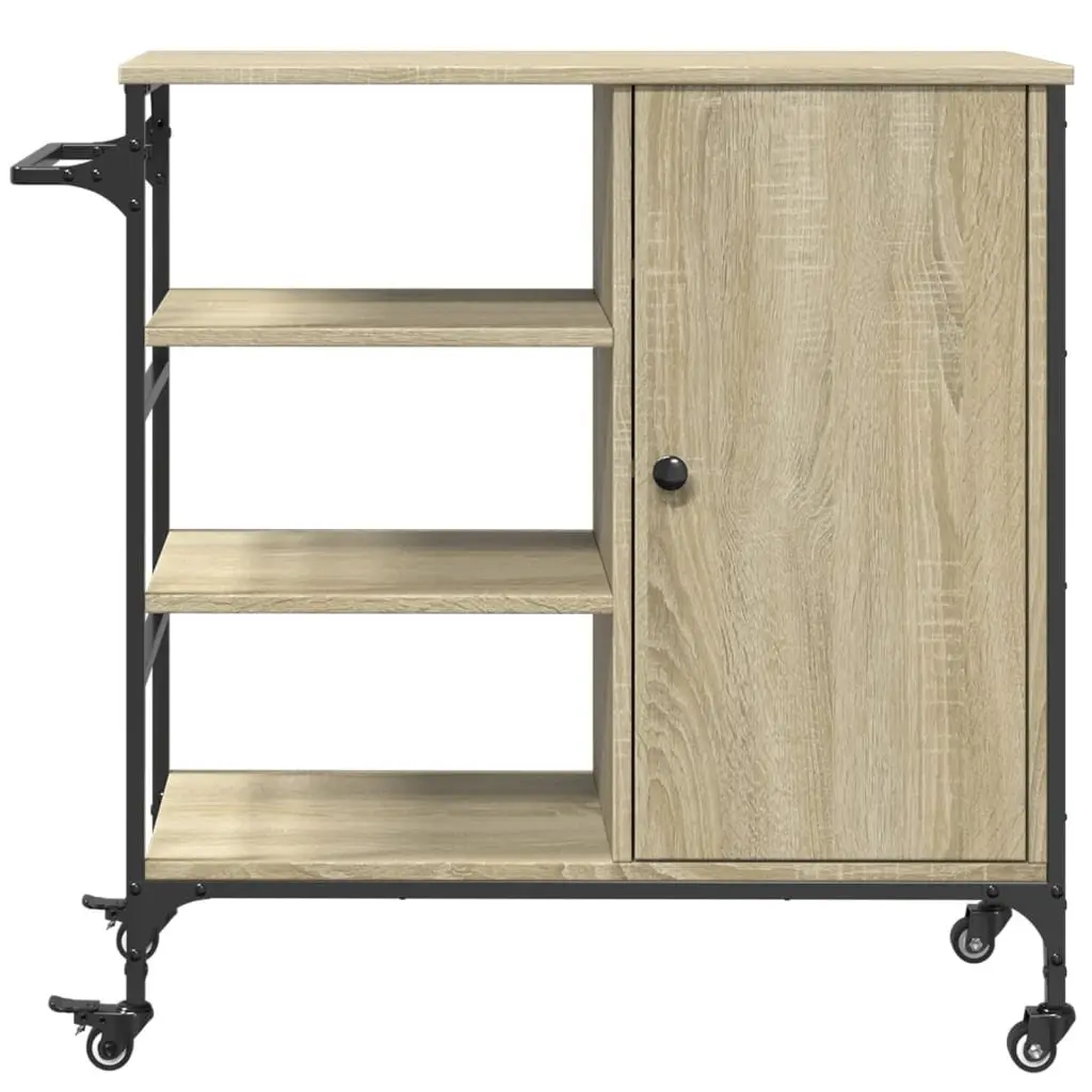 Kitchen Trolley Brown Storage Organiser Cart with Wheels Steel Frame Engineered Wood Shelves