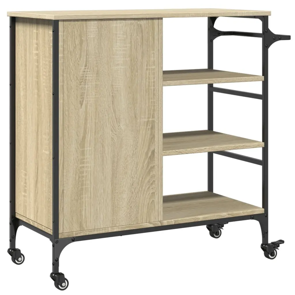 Kitchen Trolley Brown Storage Organiser Cart with Wheels Steel Frame Engineered Wood Shelves
