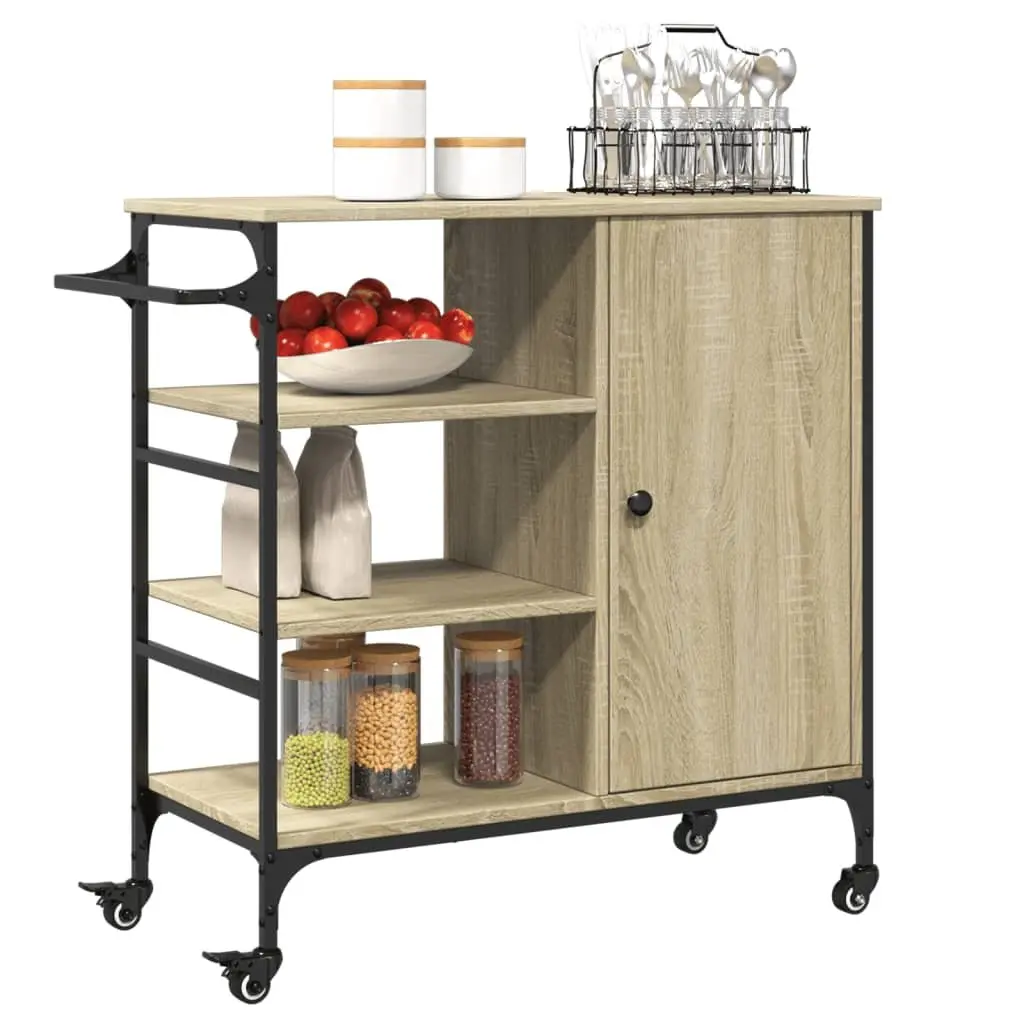 Kitchen Trolley Brown Storage Organiser Cart with Wheels Steel Frame Engineered Wood Shelves