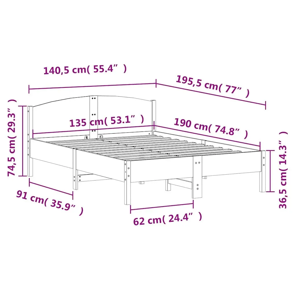 Solid Pine Wood Bed Frame 135x190 cm with Slatted Base