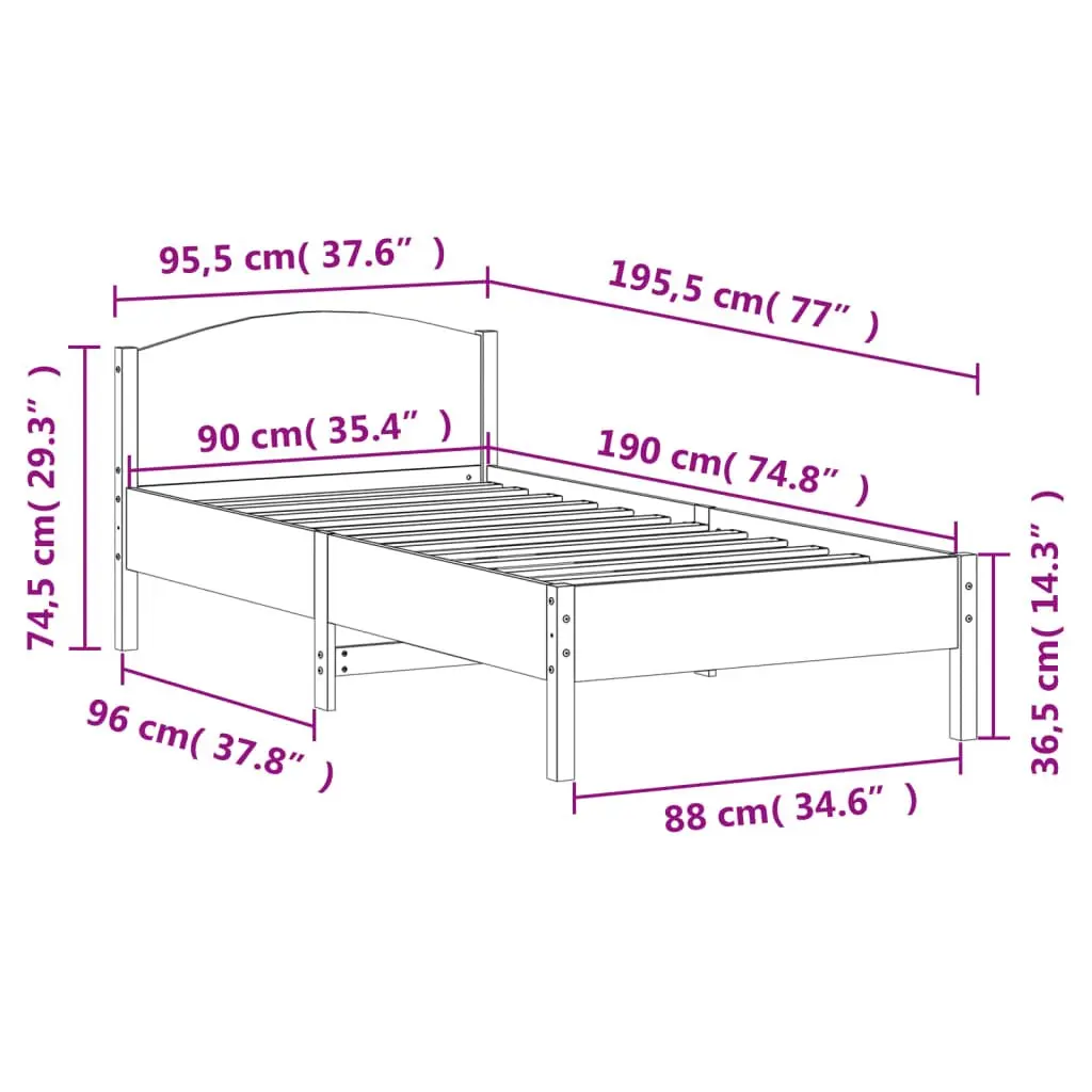 Solid Pine Wood Bed Frame 90x190 cm with Headboard