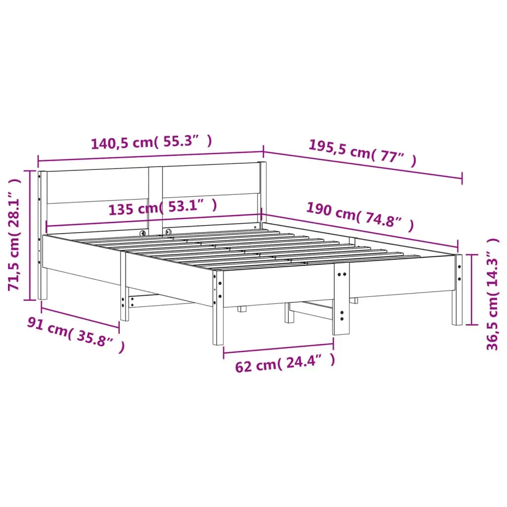 Solid Pine Wood Bed Frame 135x190 cm with Slatted Base
