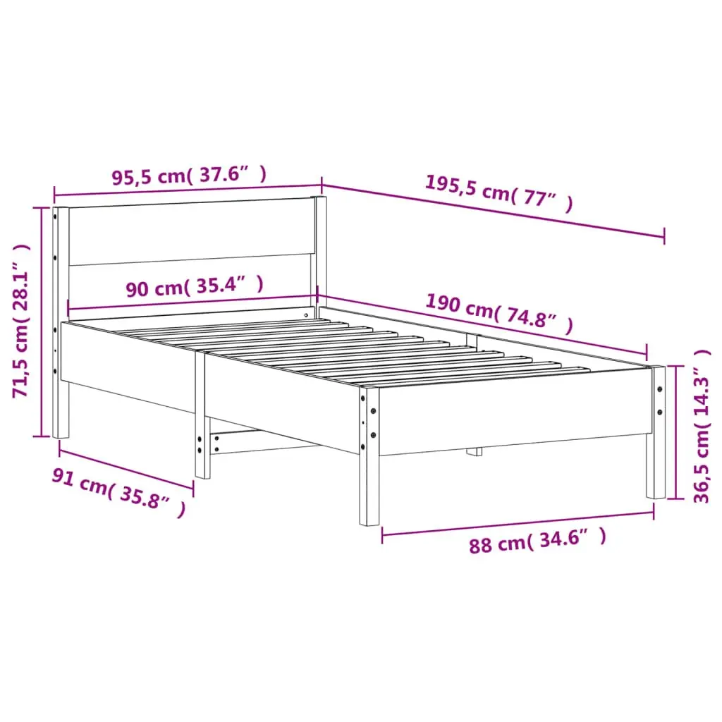 Solid Wood Pine Bed Frame Brown 90x190 cm Slatted Base Headboard