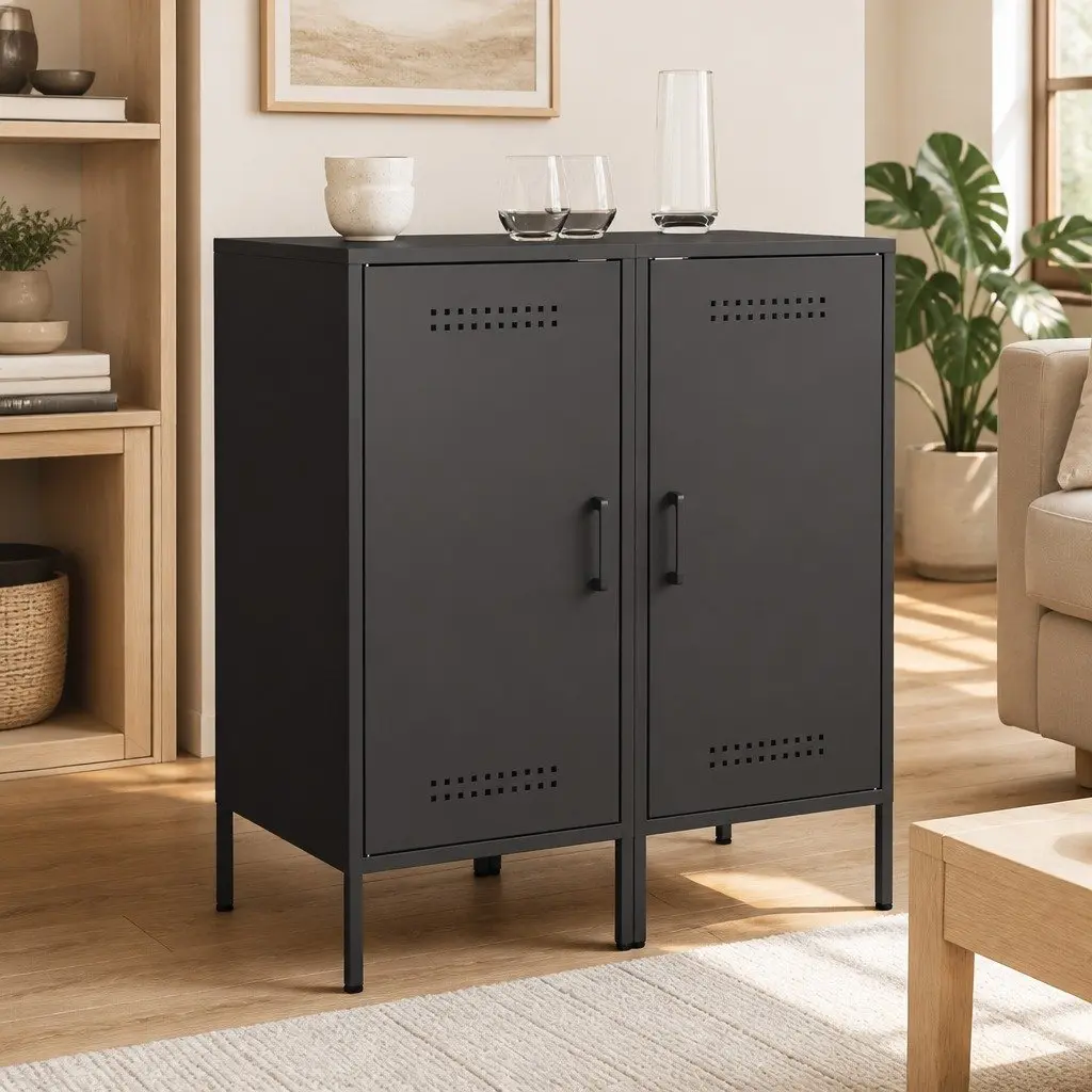 Black Industrial Sideboards Storage Cabinet 2 pc Buffet Living Room Bedroom