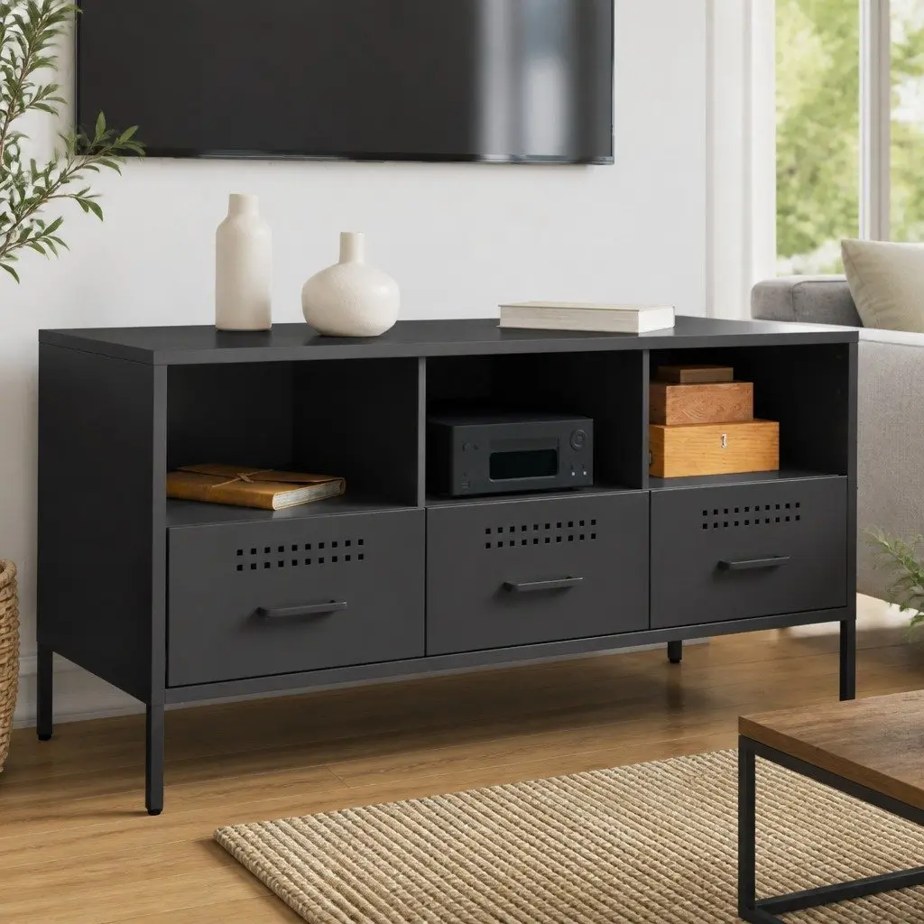 TV Cabinet Black Industrial Style 100.5cm Cold-Rolled Steel Frame Living Room Storage Unit