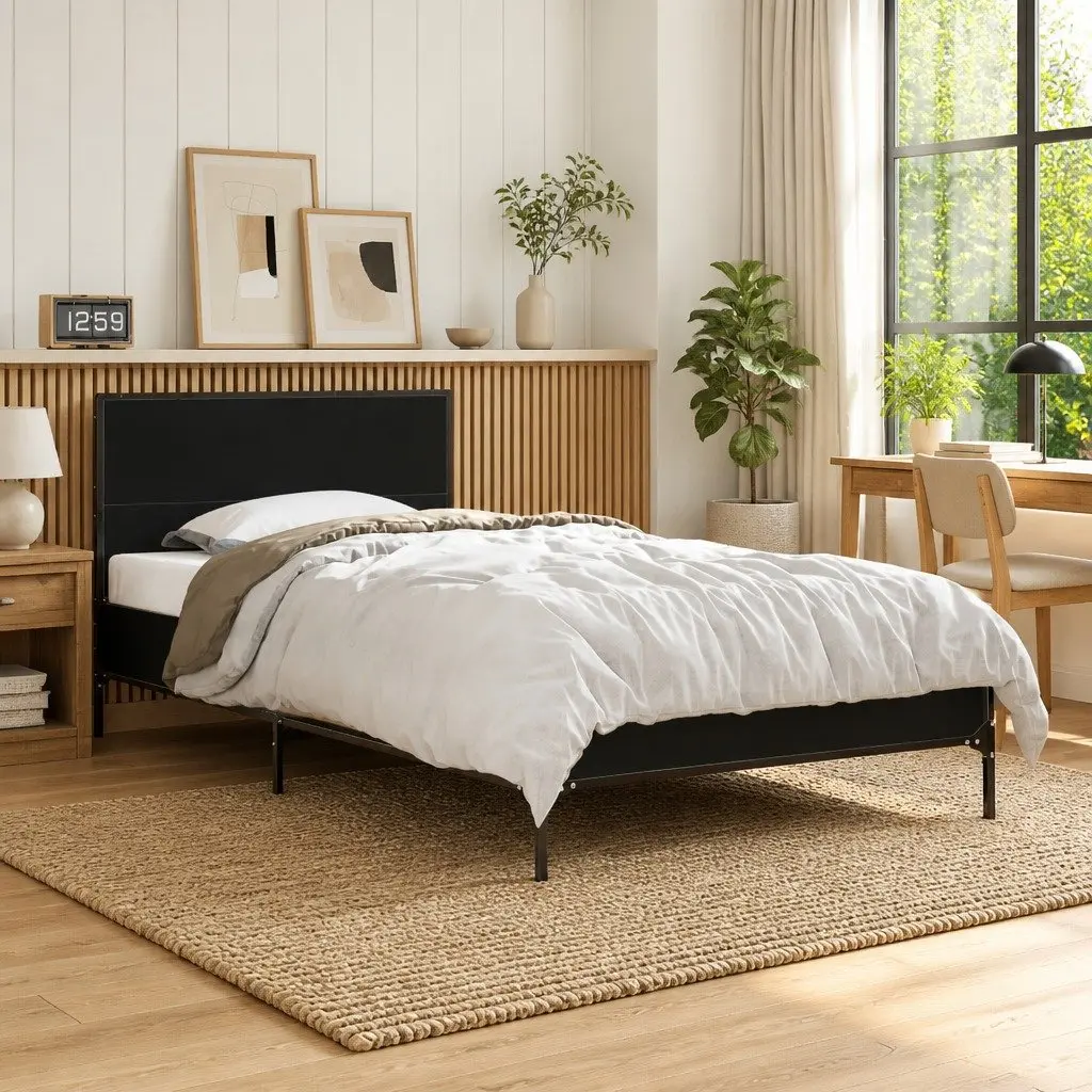 Black Bed Frame with Headboard 90x190 cm