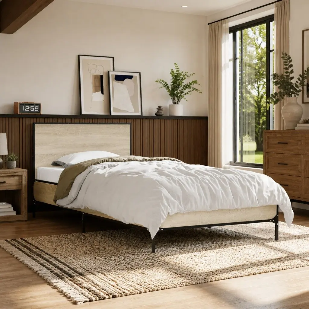Bed Frame Brown 90x190cm Wooden Slats Headboard
