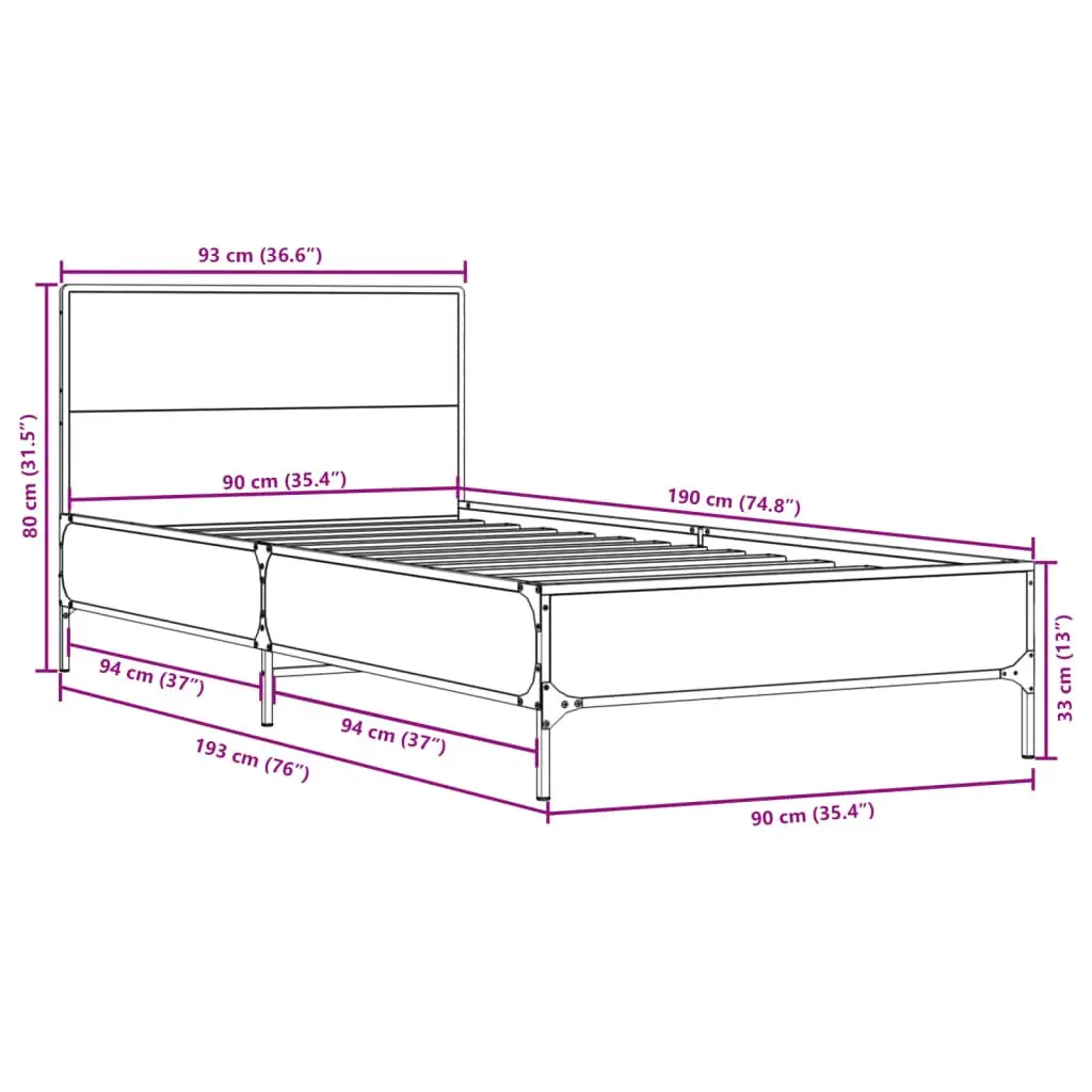 Bed Frame Brown 90x190cm Wooden Slats Headboard