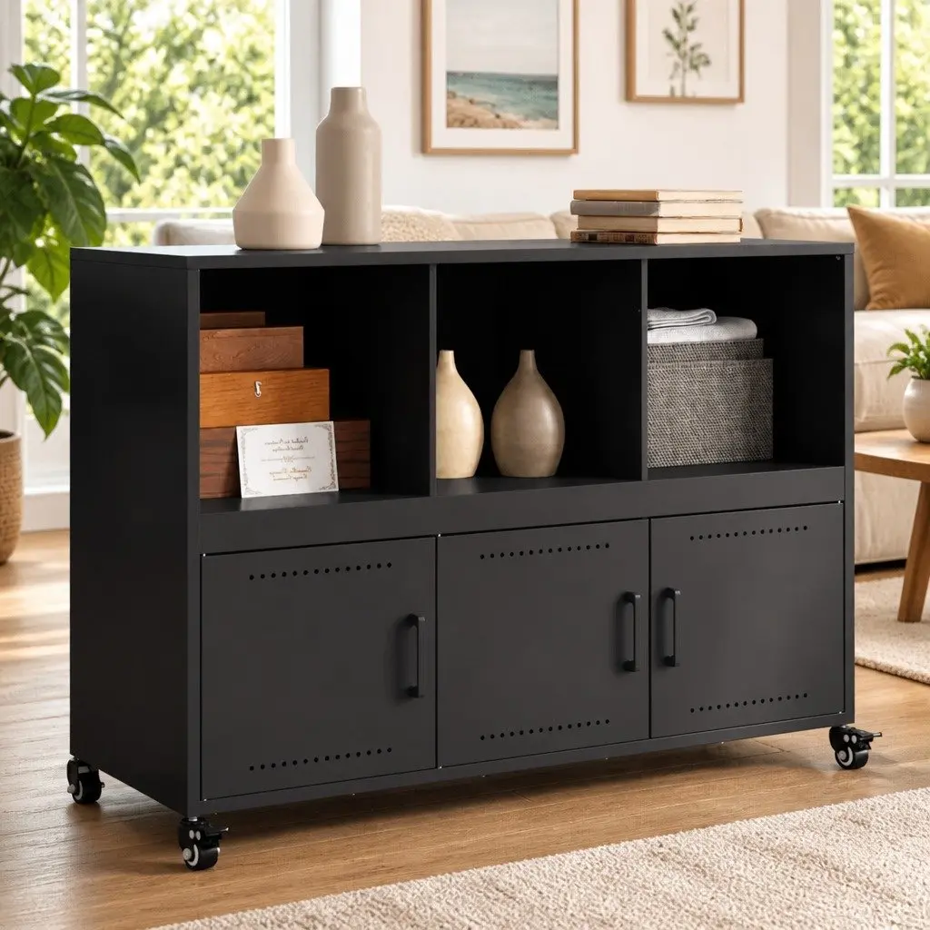Black Sideboard Storage Cabinet on Wheels