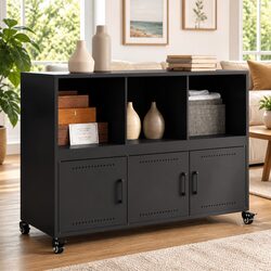 Elegant Black Sideboard Storage Cabinet on Wheels