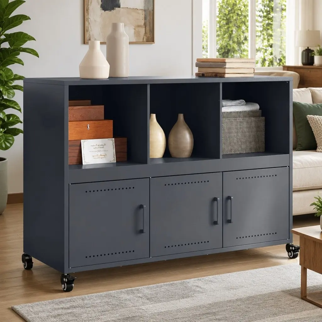 Sideboard Anthracite Storage Cabinet Steel Wheels Bedroom Living Room Furniture