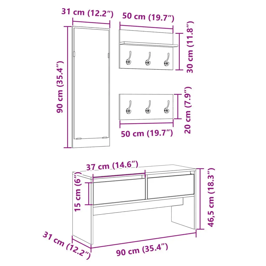 4 Piece White Hallway Furniture Set with Storage Bench