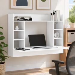 Compact Wall-Mounted Desk with Storage in White