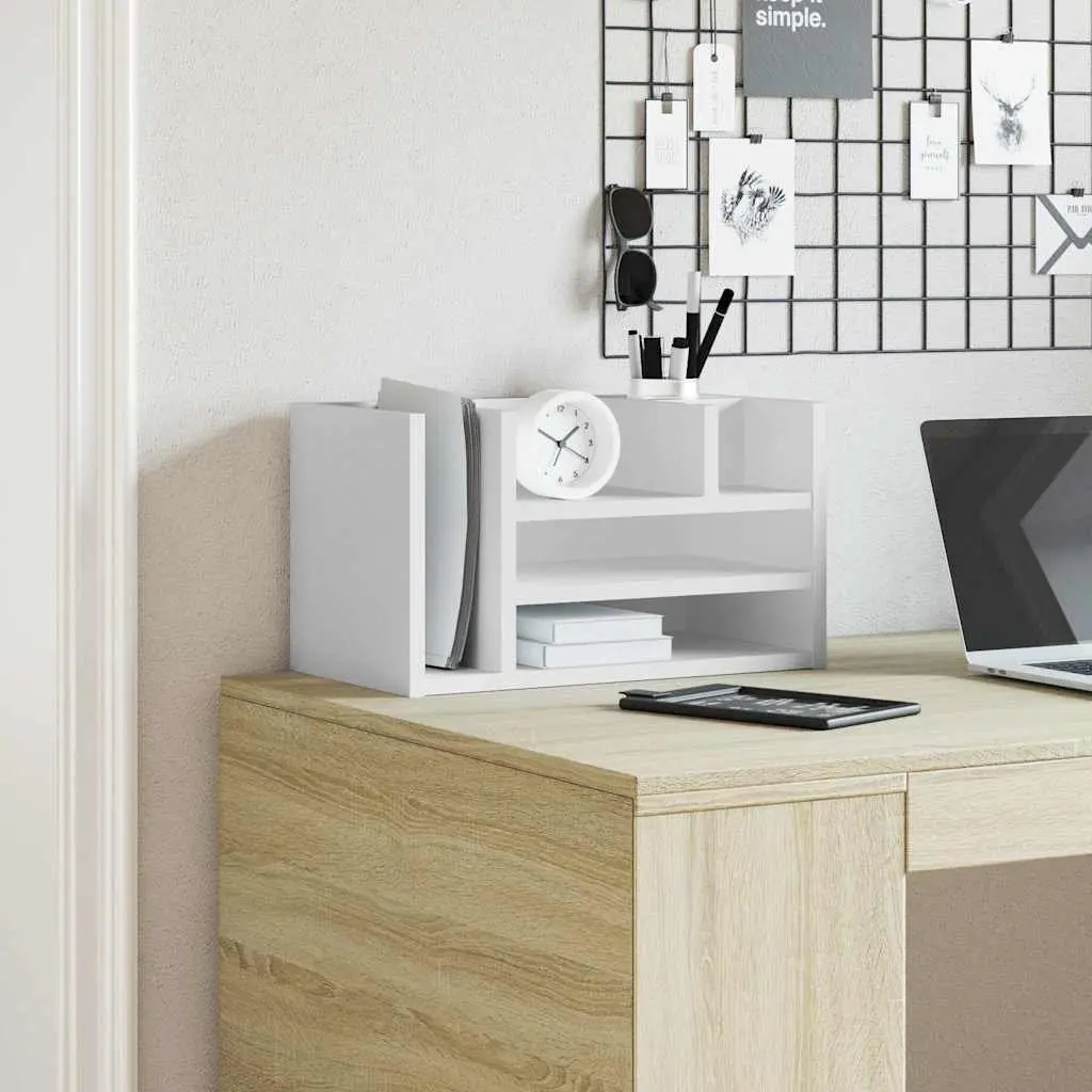 Desk Organiser White 44.5x24x25cm Engineered Wood 6 Compartment Desktop Storage