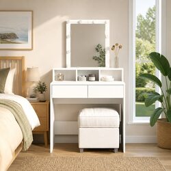 Elegant White Dressing Table with LED Mirror