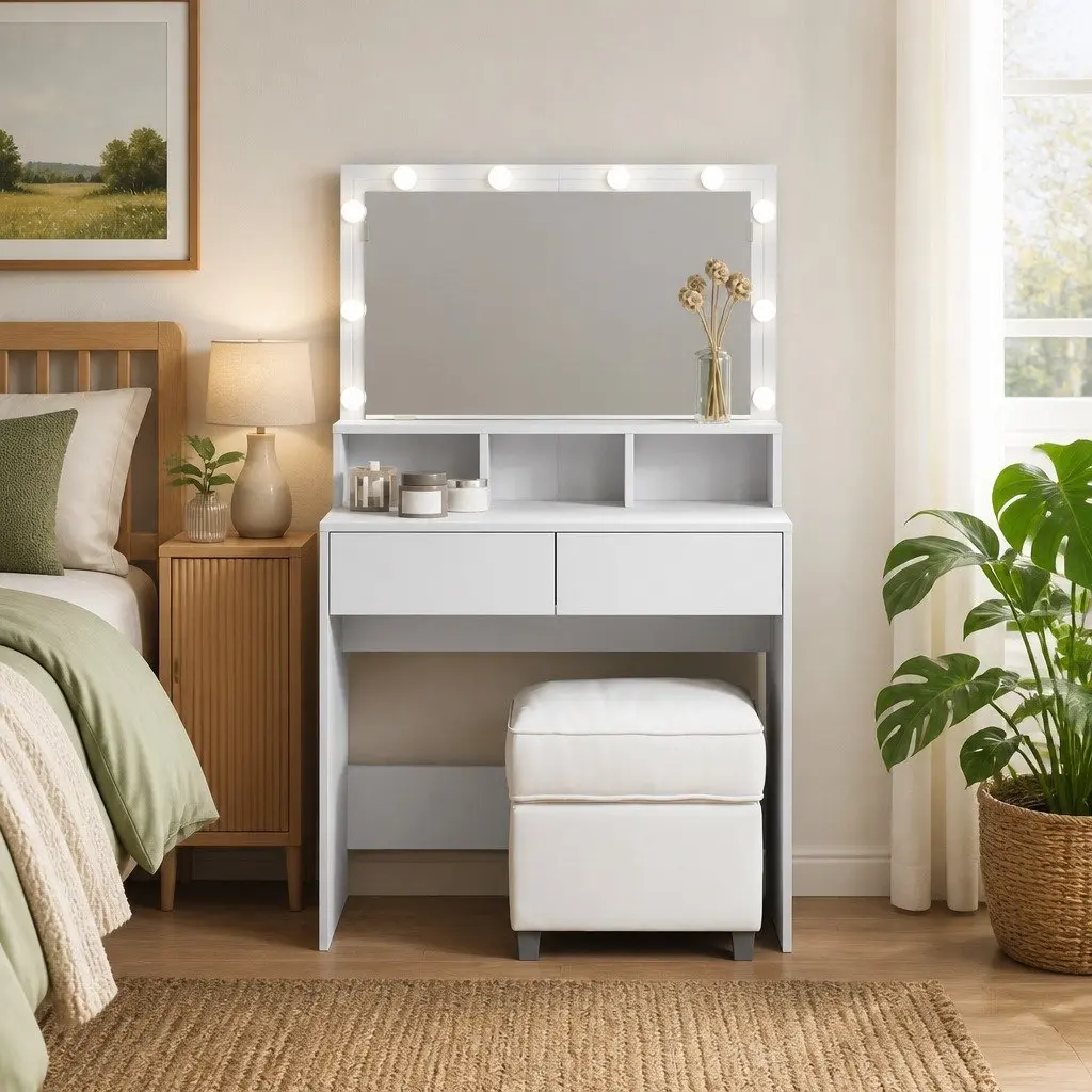 White Bedroom Vanity with LED Mirror and Storage
