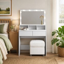 White Bedroom Vanity with LED Mirror and Storage