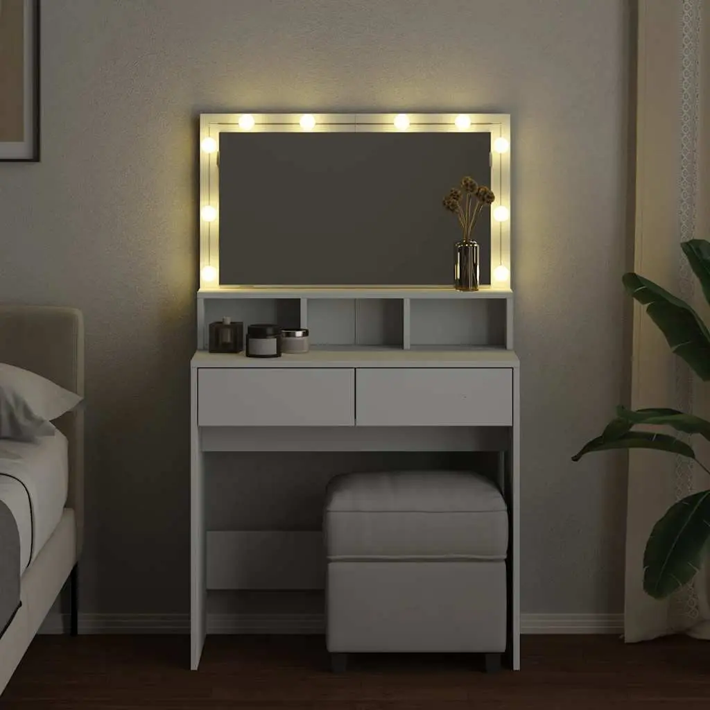 White Bedroom Vanity with LED Mirror and Storage