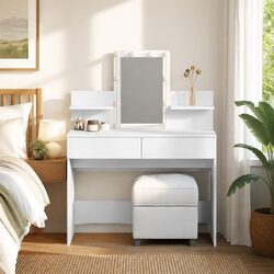 White Vanity Makeup Desk with LED Mirror and Drawers