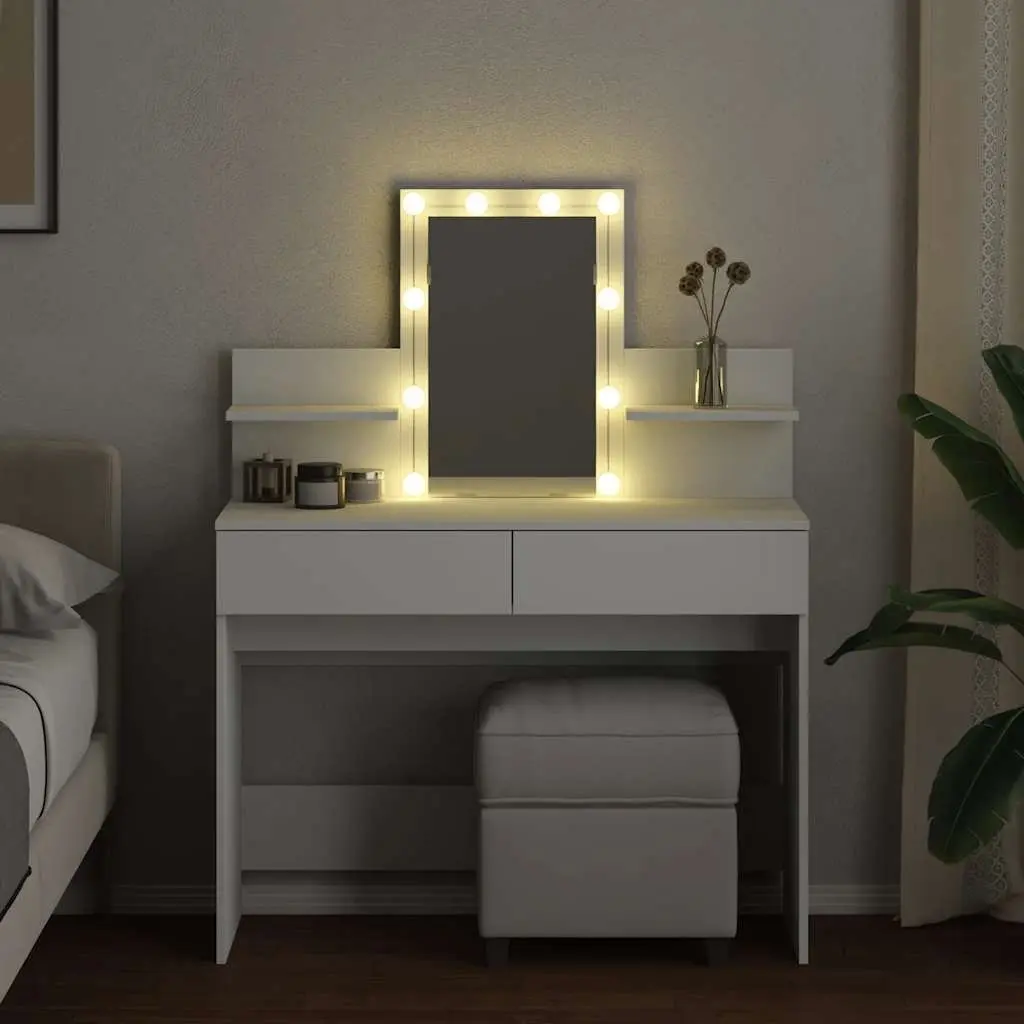 White Vanity Makeup Desk with LED Mirror and Drawers
