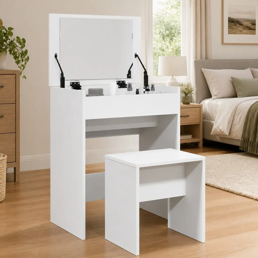 Dressing Table White Engineered Wood with Mirror and Stool
