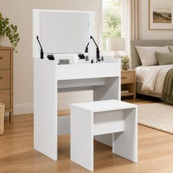 Charming White Dressing Table with Mirror and Stool