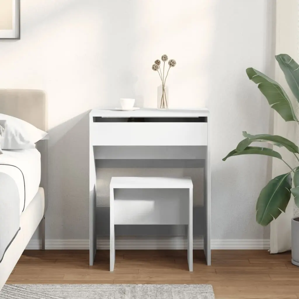 Dressing Table White Engineered Wood with Mirror and Stool
