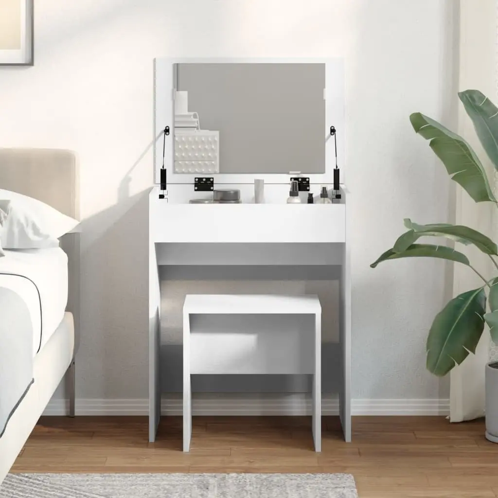 Dressing Table White Engineered Wood with Mirror and Stool