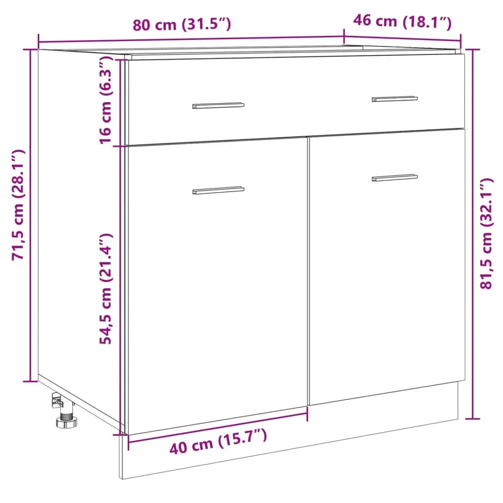 Drawer Bottom Cabinet Kitchen Storage Cupboard Brown Engineered Wood
