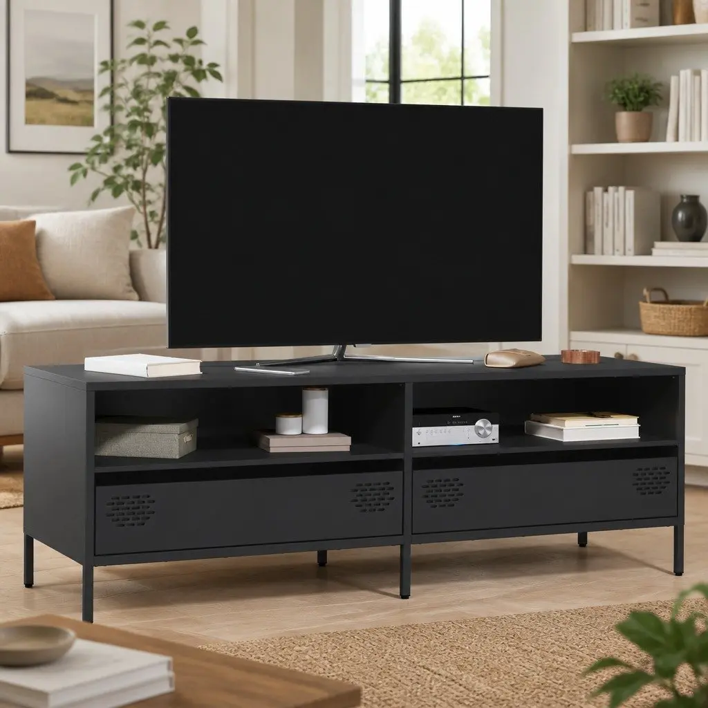 Industrial Style Black TV Cabinet with Storage Drawers
