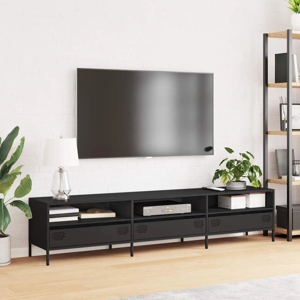 TV Cabinet Black Industrial 202cm Cold-Rolled Steel Unit with Storage Drawers and Compartments