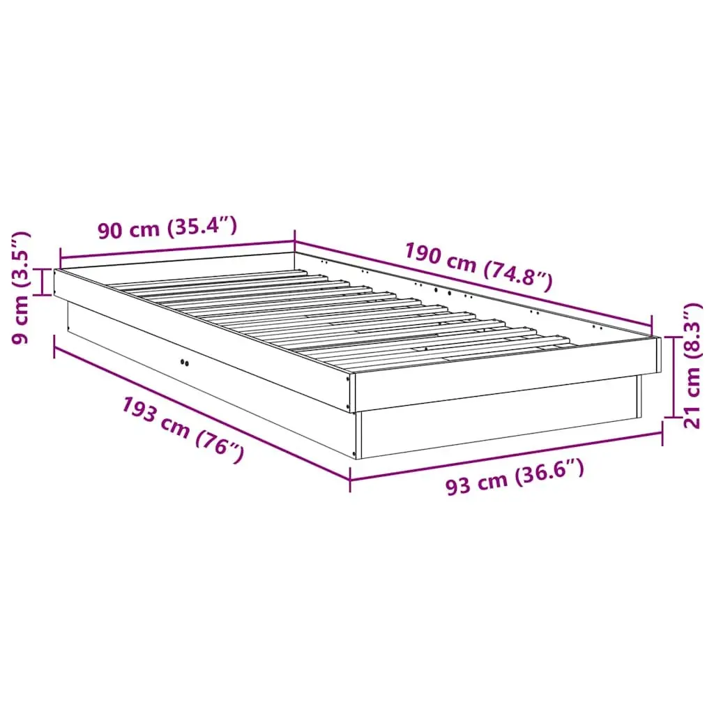 Solid Oak Wood Bed Frame 90x190 cm with Slatted Base