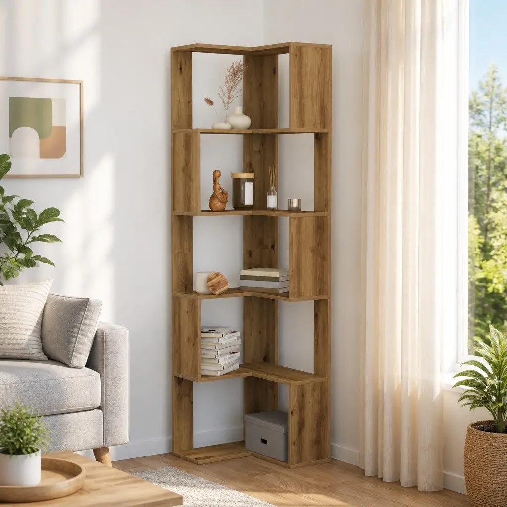 5-Tier Brown Engineered Wood Corner Bookcase 50x50x179cm