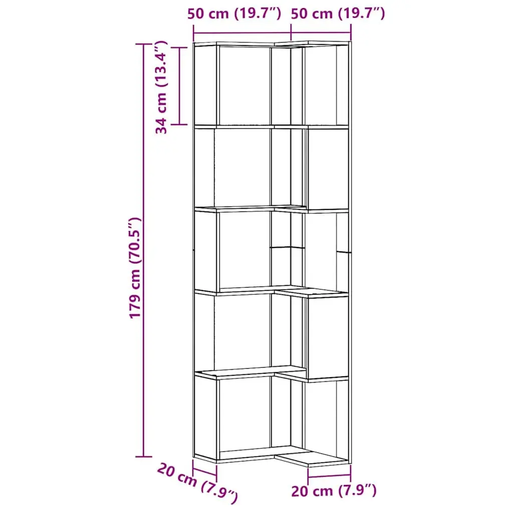 5-Tier Brown Engineered Wood Corner Bookcase 50x50x179cm