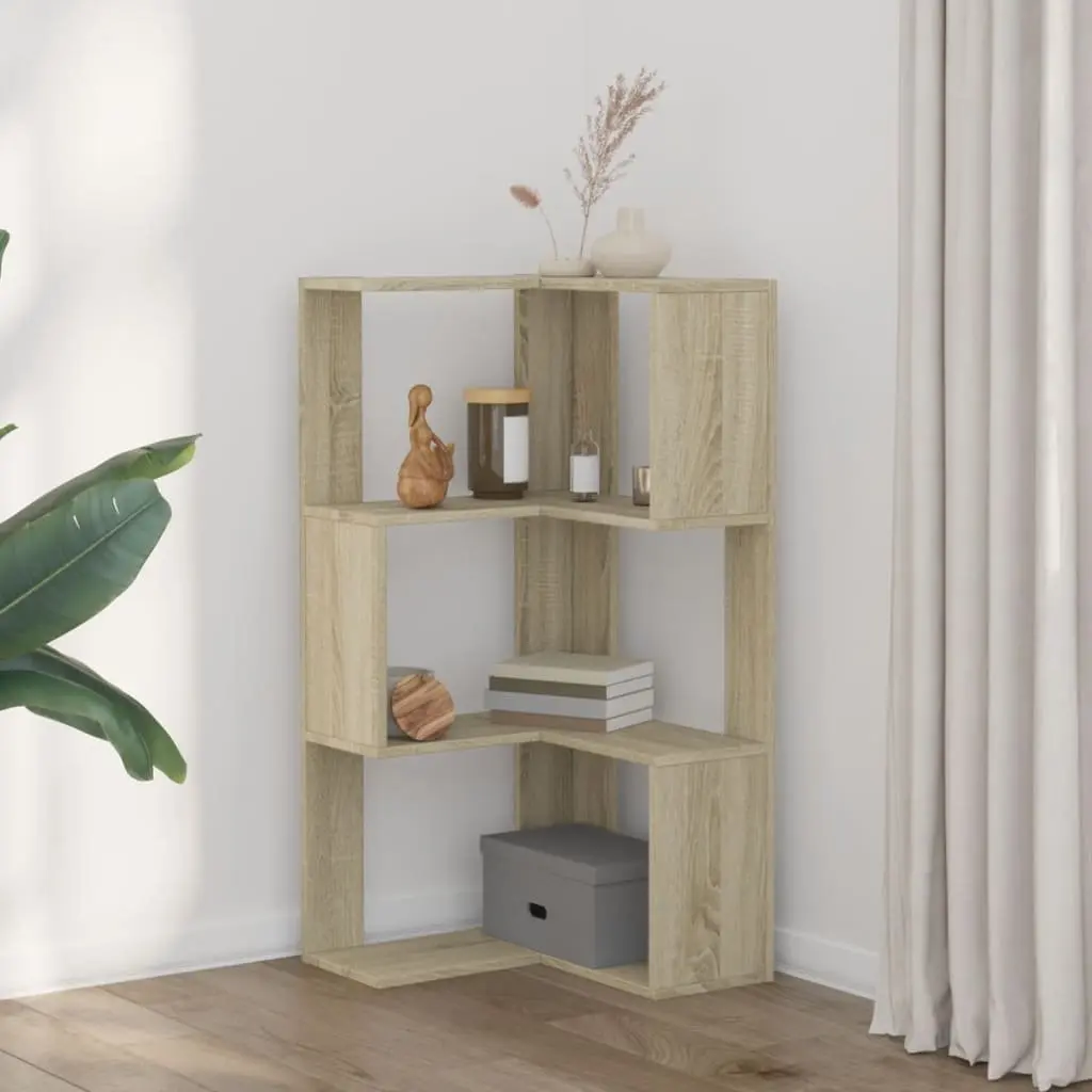 Corner Bookcase 3-Tier Brown Engineered Wood Compact Storage Shelf