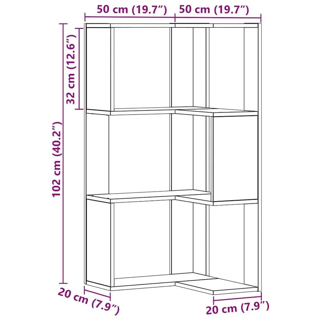 Corner Bookcase 3-Tier Compact Storage Shelving Unit Brown Wood Furniture