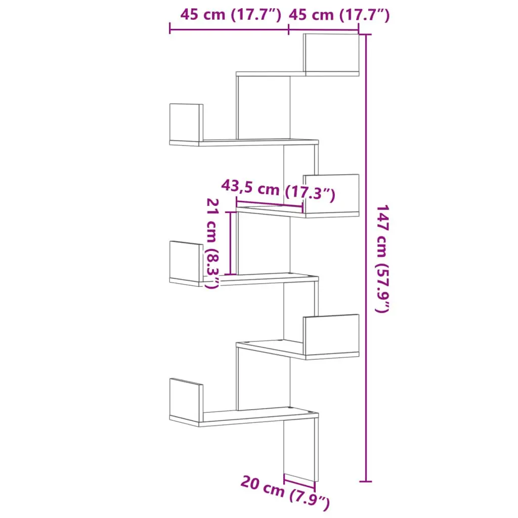 Wall Corner Shelf Sonoma Oak Brown 45x45x147cm Engineered Wood Storage Display Shelving Unit