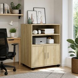 Brown Rolling Cabinet with Shelves and Doors