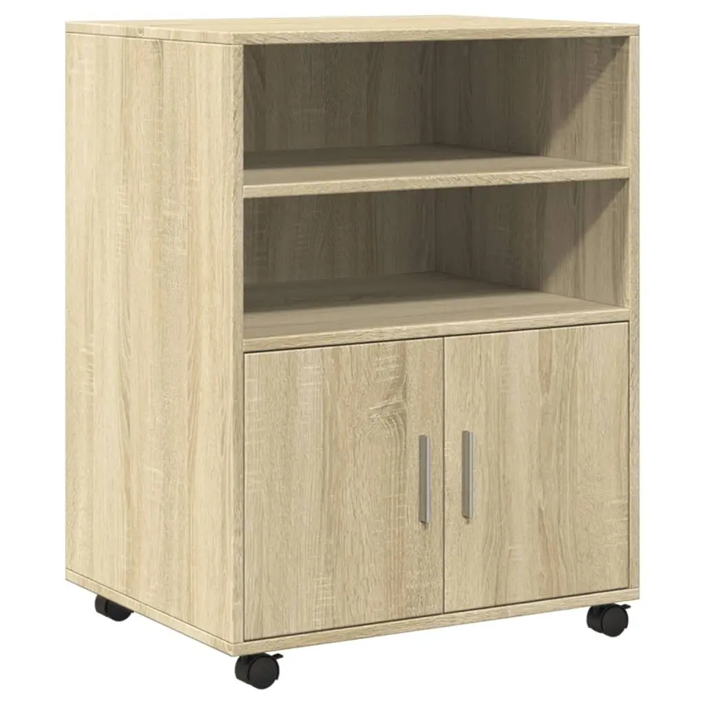 Brown Rolling Cabinet with Shelves and Doors
