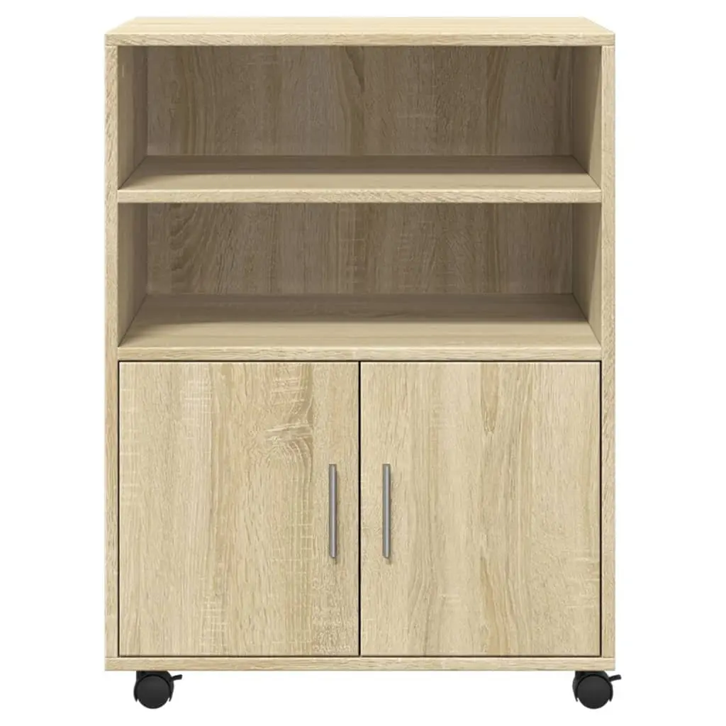 Brown Rolling Cabinet with Shelves and Doors