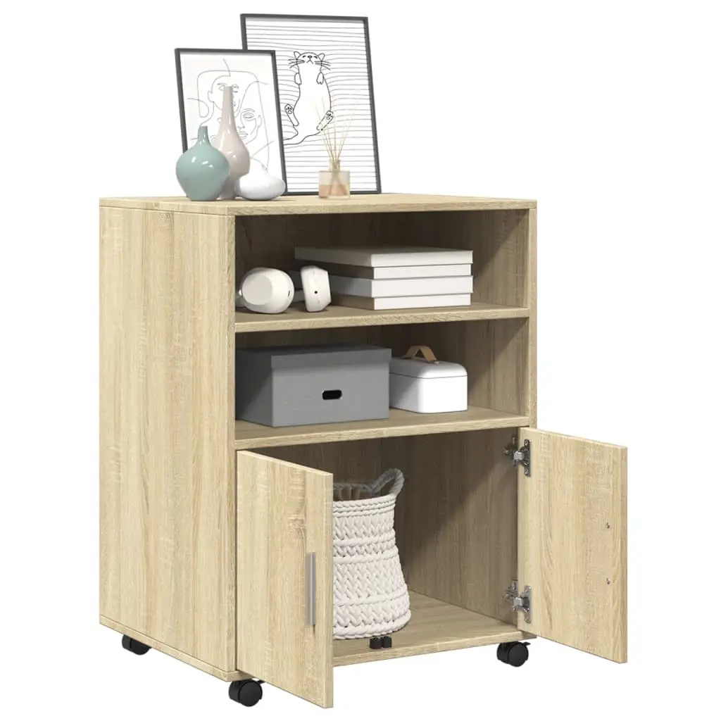 Brown Rolling Cabinet with Shelves and Doors