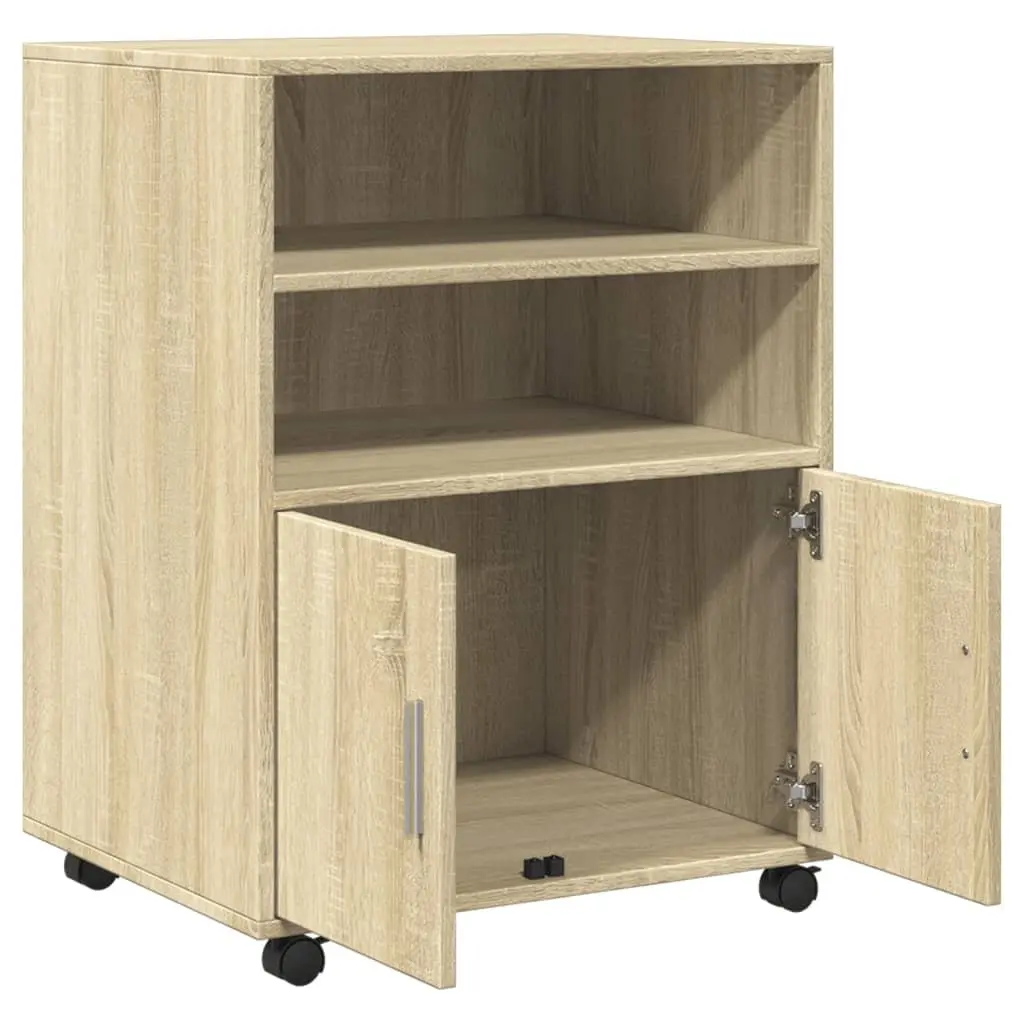 Brown Rolling Cabinet with Shelves and Doors