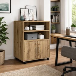 Brown Rolling Cabinet with Shelves and Doors