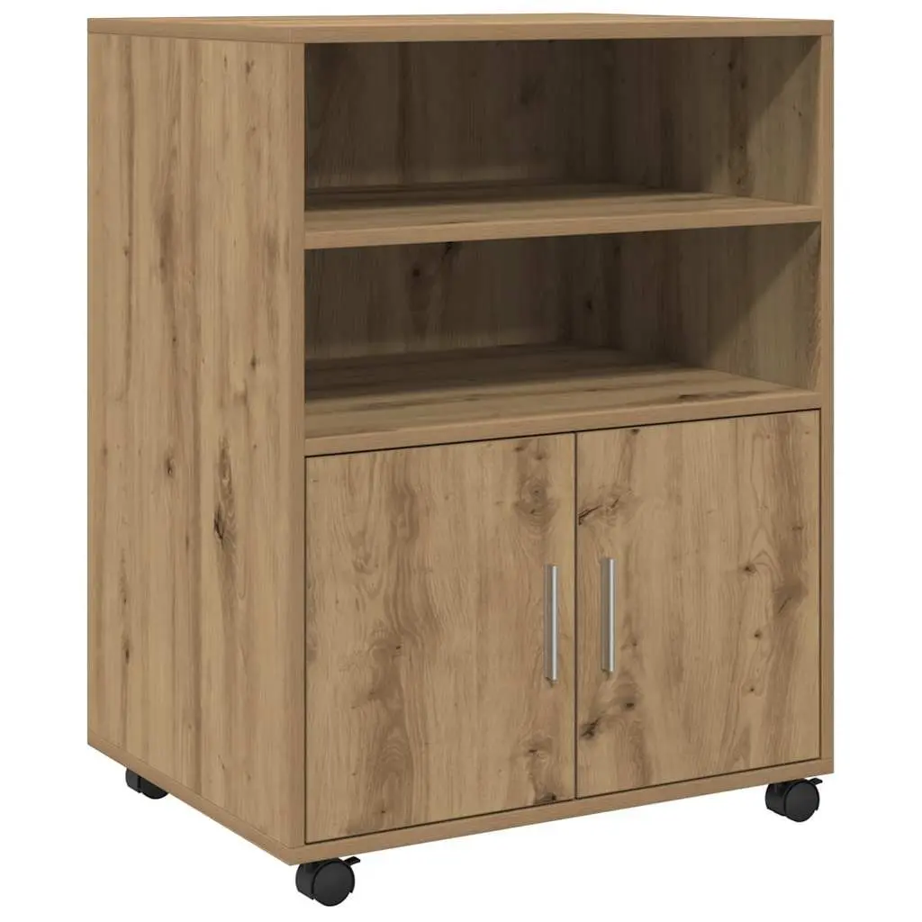 Brown Rolling Cabinet with Shelves and Doors