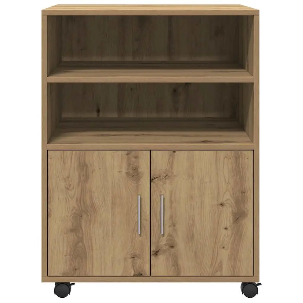 Brown Rolling Cabinet with Shelves and Doors